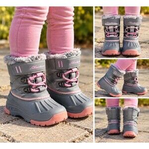 Skechers Girls Toddler Size 6 Gray Pink Winter Snow Boots Faux Fur Lined
